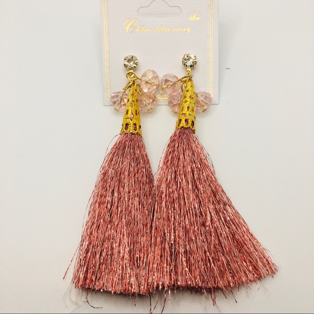 Earrings Boho Tassel Pink Metallic!! Pierced!